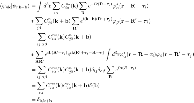 \begin{align*} \langle  \psi_{n\bold k} |\psi_{n\bold k+\bold b}\rangle&=\int d^3\bold r\sum_{i\alpha}C^{n*}_{i\alpha}(\bold k)\sum_{\bold R}e^{-i\bold k (\bold R+\bm{\tau}_i)}\varphi_{\alpha}^*(\bold r-\bold R-\bm{\tau}_i) \\&*\sum_{j\beta}C^{n}_{j\beta}(\bold k+\bold b)\sum_{\bold R'}e^{i(\bold k+\bold b) (\bold R'+\bm{\tau}_j)}\varphi_{\beta}(\bold r-\bold R'-\bm{\tau}_j)\\ &= \sum_{ij,\alpha\beta} C^{n*}_{i\alpha}(\bold k)C^{n}_{j\beta}(\bold k+\bold b)\\ &*\sum_{\bold R \bold R'} e^{i\bold b (\bold R'+\bm{\tau}_j)}e^{i\bold k (\bold R'+\bm{\tau}_j-\bold R-\bm{\tau}_i)}\int d^3\bold r\varphi_{\alpha}^*(\bold r-\bold R-\bm{\tau}_i)\varphi_{\beta}(\bold r-\bold R'-\bm{\tau}_j)\\ &= \sum_{ij,\alpha\beta} C^{n*}_{i\alpha}(\bold k)C^{n}_{j\beta}(\bold k+\bold b)\delta_{ij}\delta_{\alpha\beta}\sum_{\bold R}e^{i\bold b (R+\bm{\tau}_i)}\\ &=\sum_{i\alpha} C^{n*}_{i\alpha}(\bold k)C^{n}_{i\alpha}(\bold k+\bold b)\delta({\bold b})\\ &=\delta_{\bold k, \bold k+\bold b} \end{align*}