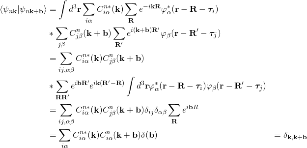 \begin{align*} \langle  \psi_{n\bold k} |\psi_{n\bold k+\bold b}\rangle&=\int d^3\bold r\sum_{i\alpha}C^{n*}_{i\alpha}(\bold k)\sum_{\bold R}e^{-i\bold k \bold R}\varphi_{\alpha}^*(\bold r-\bold R-\bm{\tau}_i) \\ &*\sum_{j\beta}C^{n}_{j\beta}(\bold k+\bold b)\sum_{\bold R'}e^{i(\bold k+\bold b) \bold R'}\varphi_{\beta}(\bold r-\bold R'-\bm{\tau}_j)\\ &= \sum_{ij,\alpha\beta} C^{n*}_{i\alpha}(\bold k)C^{n}_{j\beta}(\bold k+\bold b)\\ &*\sum_{\bold R \bold R'} e^{i\bold b \bold R'}e^{i\bold k (\bold R'-\bold R)}\int d^3\bold r\varphi_{\alpha}^*(\bold r-\bold R-\bm{\tau}_i)\varphi_{\beta}(\bold r-\bold R'-\bm{\tau}_j)\\ &= \sum_{ij,\alpha\beta} C^{n*}_{i\alpha}(\bold k)C^{n}_{j\beta}(\bold k+\bold b)\delta_{ij}\delta_{\alpha\beta}\sum_{\bold R}e^{i\bold b R}\\ &=\sum_{i\alpha} C^{n*}_{i\alpha}(\bold k)C^{n}_{i\alpha}(\bold k+\bold b)\delta({\bold b})、、 &=\delta_{\bold k, \bold k+\bold b} \end{align*}