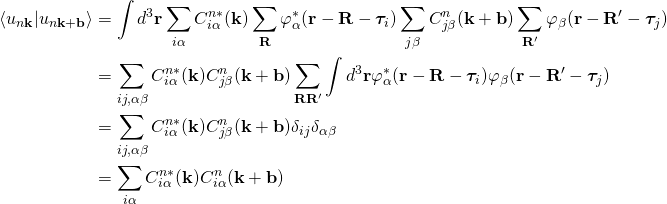 \begin{align*} \langle  u_{n\bold k} |u_{n\bold k+\bold b}\rangle&=\int d^3\bold r\sum_{i\alpha}C^{n*}_{i\alpha}(\bold k)\sum_{\bold R}\varphi_{\alpha}^*(\bold r-\bold R-\bm{\tau}_i) \sum_{j\beta}C^{n}_{j\beta}(\bold k+\bold b)\sum_{\bold R'}\varphi_{\beta}(\bold r-\bold R'-\bm{\tau}_j)\\ &= \sum_{ij,\alpha\beta} C^{n*}_{i\alpha}(\bold k)C^{n}_{j\beta}(\bold k+\bold b)\sum_{\bold R \bold R'}\int d^3\bold r\varphi_{\alpha}^*(\bold r-\bold R-\bm{\tau}_i)\varphi_{\beta}(\bold r-\bold R'-\bm{\tau}_j)\\ &= \sum_{ij,\alpha\beta} C^{n*}_{i\alpha}(\bold k)C^{n}_{j\beta}(\bold k+\bold b)\delta_{ij}\delta_{\alpha\beta}\\ &=\sum_{i\alpha} C^{n*}_{i\alpha}(\bold k)C^{n}_{i\alpha}(\bold k+\bold b) \end{align*}